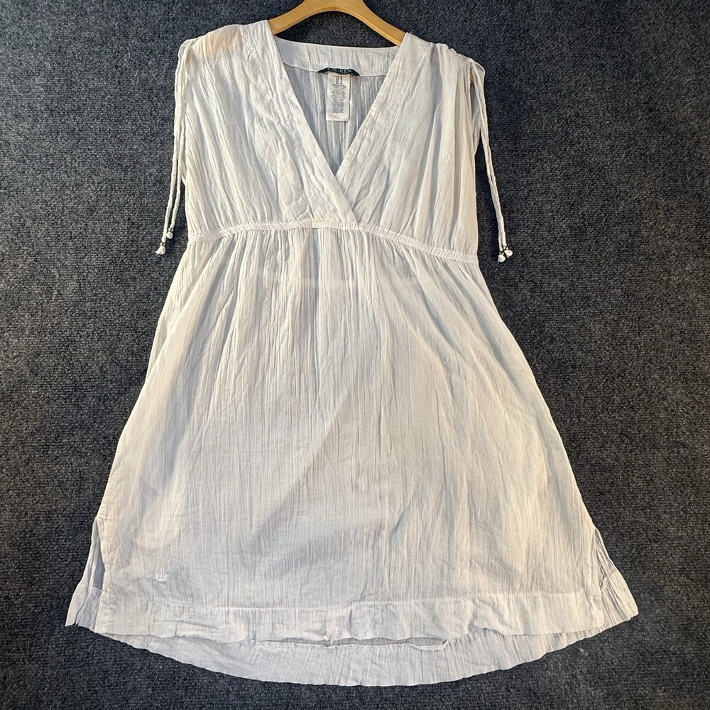 Lauren Ralph Lauren White Gauze Cotton Dress M Empire V Neck Pockets Boho